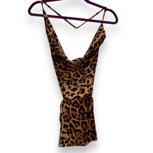 Mini Animal Print Exotic Dancer Dress Women's Small Brown Backless Chain Sexy - Picture 11 of 15